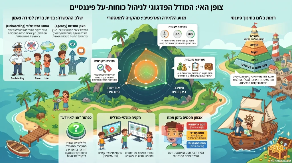 אינפוגרפיקה ״צופן האי: המודל הפדגוגי לניהול כוחות-על פיננסיים״, הכוללת את רמות בלום בחינוך פיננסי, מנוע הלמידה האדפטיבי מהקניה למאסטרי, שלב ההכשרה, אבחון חסמים בזמן אמת, הקניה מולטי-מודלית וכפתור ״אני לא יודע״.
