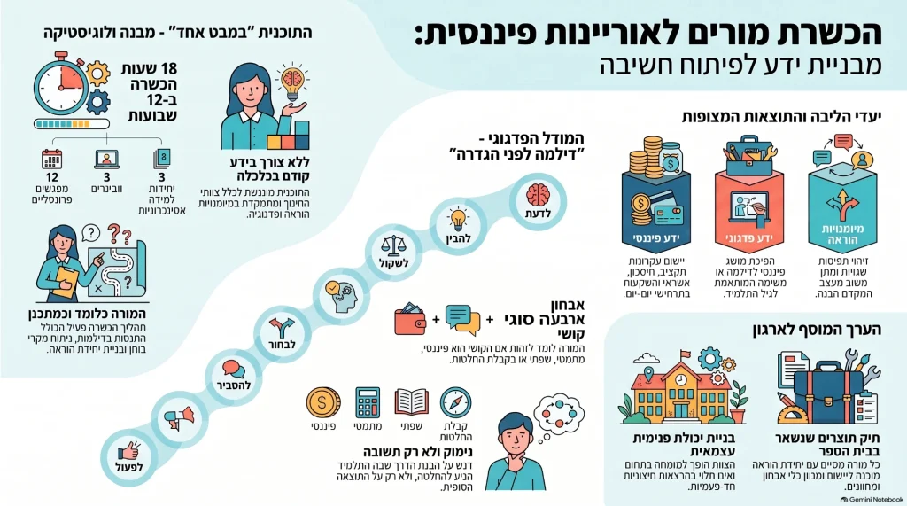 אינפוגרפיקה ״הכשרת מורים לאוריינות פיננסית: מבניית ידע לפיתוח חשיבה״. התוכנית במבט אחד: 18 שעות הכשרה ב-12 שבועות, 12 מפגשים פרונטליים, 3 ובינרים ו-3 יחידות למידה אסינכרוניות, המודל הפדגוגי ״דילמה לפני הגדרה״, אבחון ארבעה סוגי קושי, יעדי הליבה והערך המוסף לארגון.